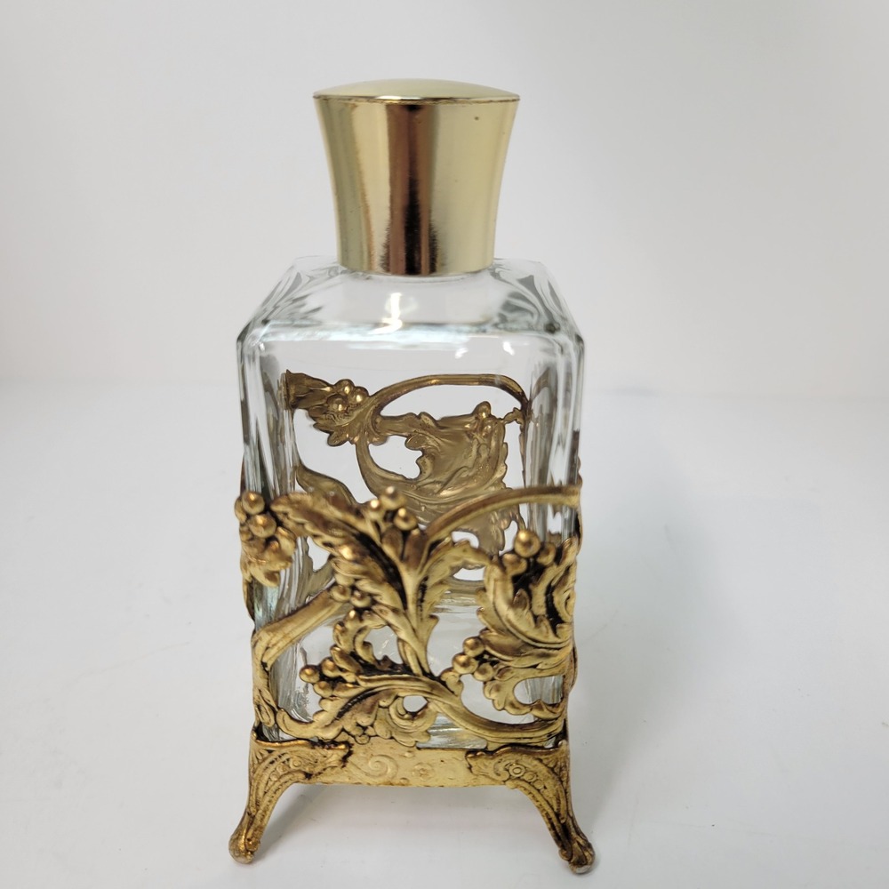 Vintage Gold‎ Ornate Metal Stand Clear Glass Perfume Bottle Vanity Decor